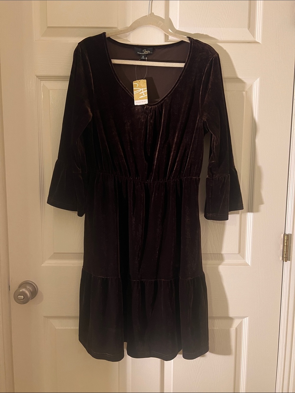 NWT! Velvet Tiered Scoop Neck Dress in Dark Brown